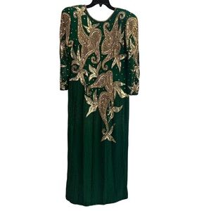 Vintage Sequins Originals Green w/Gold Sequins Long Beaded Dress Mardi Gras 12